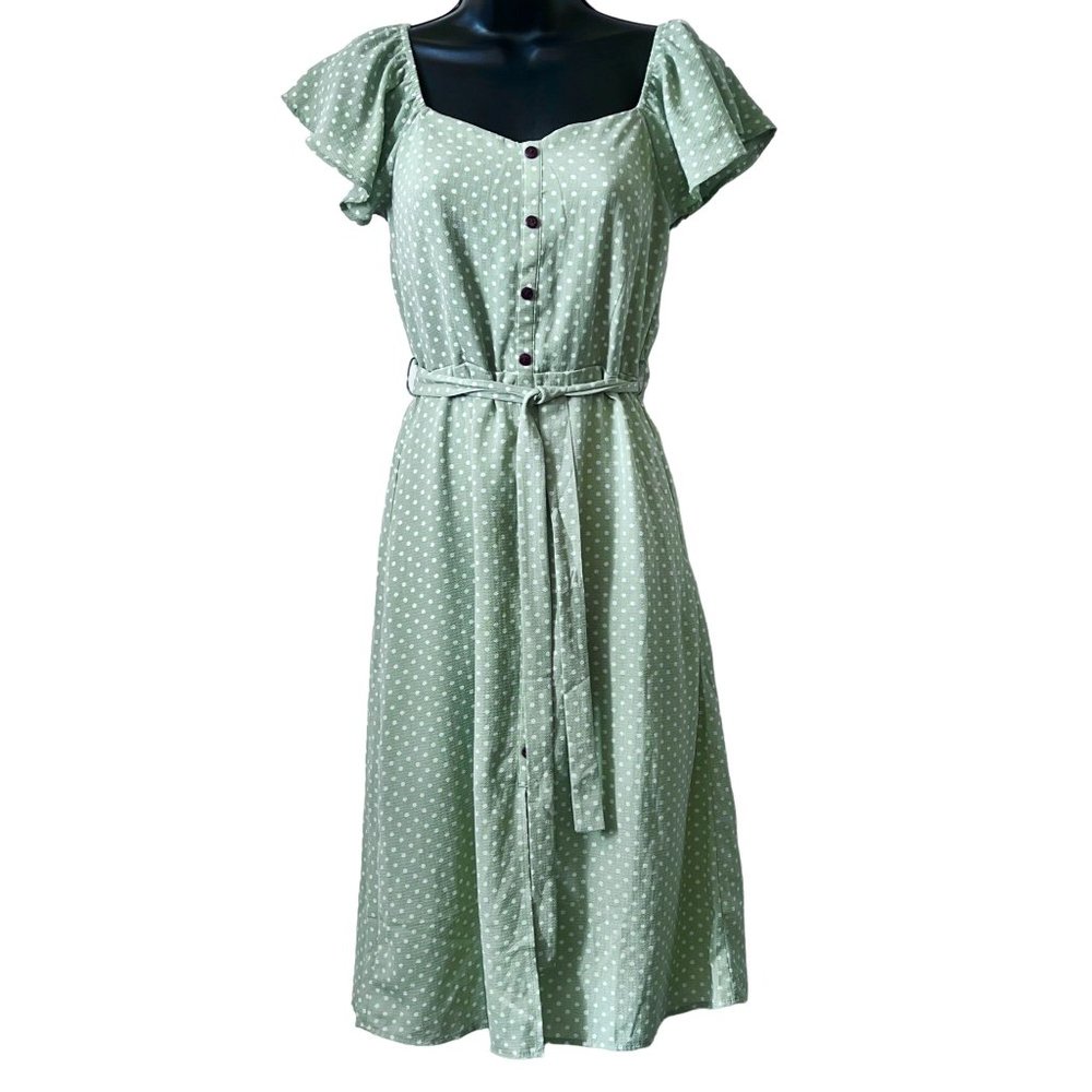 Monteau Polka Dot Retro Midi Dress S Green Flutter Sleeve Belted